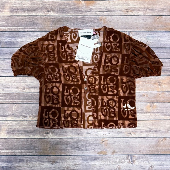 House Of Sunny Brown Casa Amor Velveteen Sheer Mesh Love Crop Short Puff Sleeve - Picture 6 of 10